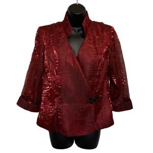 Alex Evenings Iridescent Wrap Jacket Top Beaded Frog Closure Red Holidays Sz L